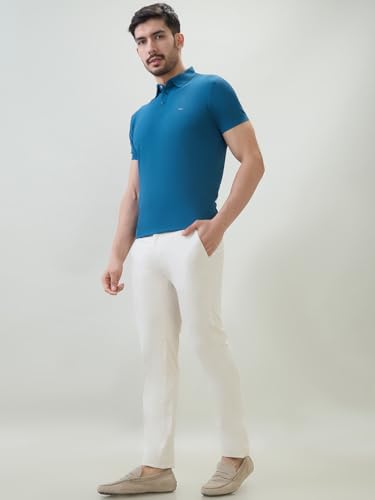 Image of Raymond Men Slim Fit Solid Pattern Cotton Elastane Blend Flat Front Casual Trouser
