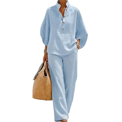 Conjunto de lino y algodón para mujer con camisa manga murciélago y pantalón de pierna ancha