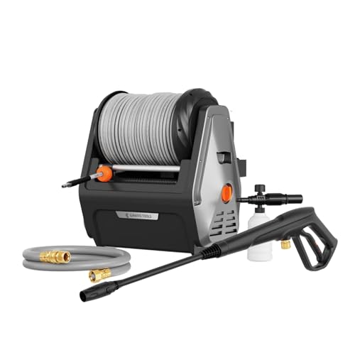 Giraffe Tools Wall Mounted Pressure Washer Plus+, Max 2400 PSI, 2.0 GPM Electric Power Washer with 30M Retractable Hose, 500 ML Foam Cannon, 0°-40°Rotary Nozzle for Cars/Patios, Grey Soft Hose
