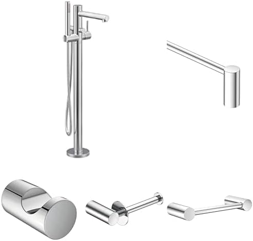 Moen 395 Align Chrome Bathroom Set: Freestanding Tub Filler with Handshower, 24-in & 9-in Towel Bars, Toilet Paper Holder & Robe Hook