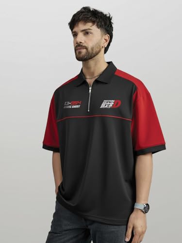 Image of crazymonk Initial D Oversized Polo T-Shirt - Red & Black