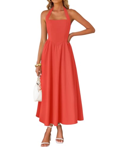 Image of ZESICA Women's Summer Sleeveless Halter Midi Dress 2026 Off Shoulder High Waist Flowy Formal Wedding Guest Long Dresses