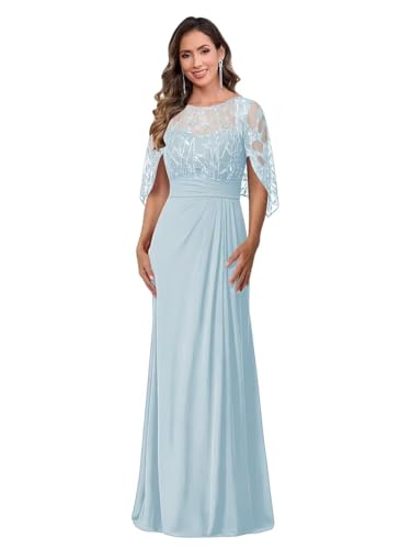 Image of Mother of The Bride Dresses - Long Chiffon Lace Appliques Cape Sleeve Ruched Waist Formal Evening Gown for Women
