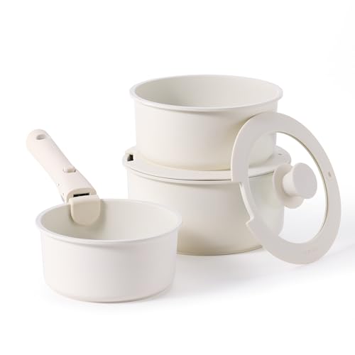 CAROTE 6pcs Nonstick Sauce Pan Sets with Lid 3 Sizes（1.5QT, 2QT & 3QT）, Non Stick Cooking Pot with Detachable Handle, Kitchen Sauce Pots Induction Pot, PFOA FREE, Dishwasher Safe, Cream White