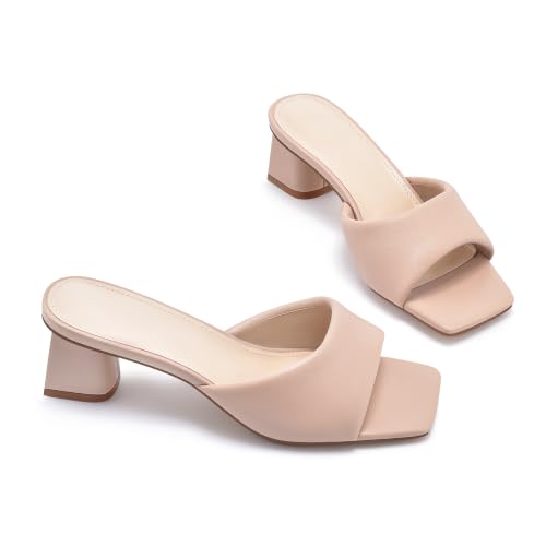 Image of MIRAAZZURRA Heel Mules for Woman Square Open Toe Chunky Block Short Low Heel Slip on Heeled Sandals Casual Comfort Party Shoes