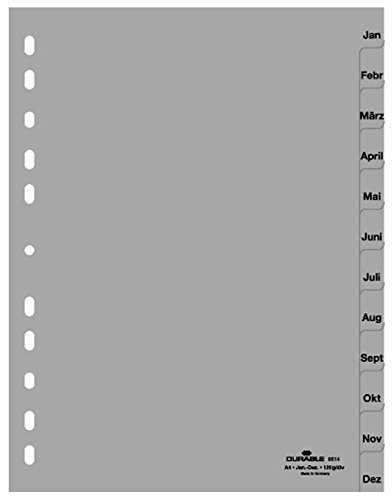 Durable 6514-10 Ordnerregister Jan.-Dez, A4 hoch, 12-teilig, PP, grau (25er Karton)