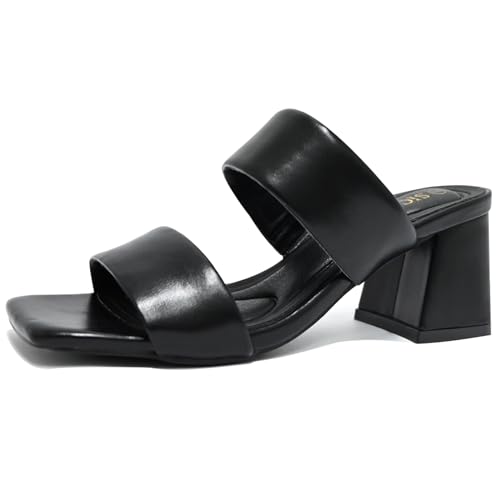 Women's Heeled Sandals Square Open Toe Two Strap Block Chunky Heels for Women Slip On Mules Sandals Black Nude White Strappy Heels for Women Dressy Wedding Party
