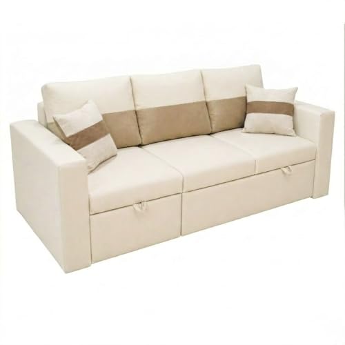 Image of FURNY Soria 4 Seater LHS Lounger Sofa Cum Bed (Cream-Beige) with Pull-Out Function | Luxury Velvet Suede Finish | Durable Comfort | Ideal for Living Room