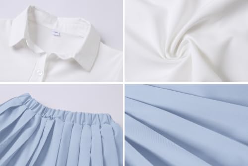 Image of Betusline Girls Skirt Set JK School Uniform 2-Piece Outfit - Short Sleeve Shirt with Bow & Pleated Skirt 4T-14Y