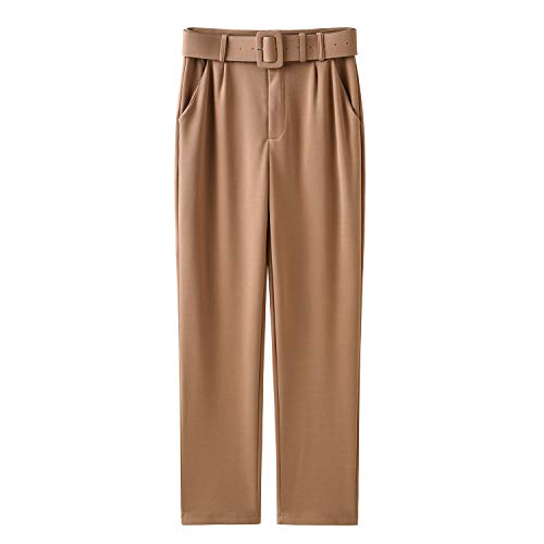 HONEYLOVE Womens Casual Pants High Waist Belted Straight Leg Slacks Office Lady Elegant Trousers (Medium, Khaki)