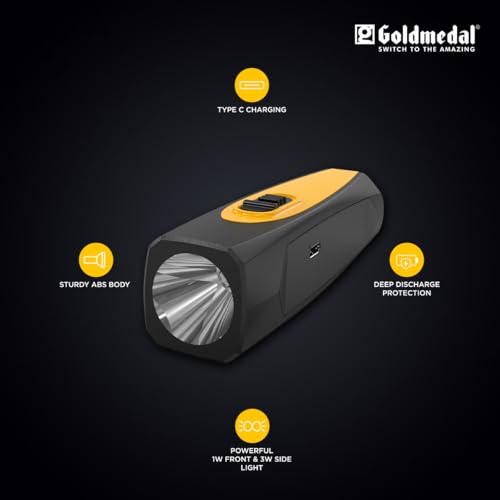 Image of Goldmedal Torcia 06 1+3W LED Rechargeable Torch -Cool Daylight(6500K)|1200 mAh Li-ion Battery |Battery Back-up Upto 4 Hrs |Type-C Charging| Deep Discharge Protection |Powerful 1W Front & 3W Side Light