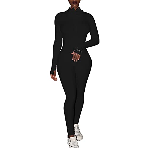 YILEEGOO Damen Sexy Langarm Lucky Label Bodycon Jumpsuit Rollkragen Strampler Hose Clubwear, Schwarz (lang), 34-36 Cover