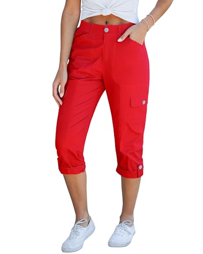 GRAPENT 2026 Capri Pants for Women Summer Pants Women Trendy Womens Cargo with Pockets Cargo Adjustable Waist Summer Clothes Womens Capris with Pockets Short for Womens Woman Red Large Size 12 to 14