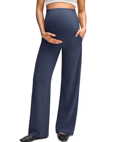 Image of G4Free BareFeel Maternity Pants Over the Belly Pregnancy Trousers for Work | High Waist Coverage,Two Side Pockets,Wide Leg Design,Soft Knit Fabric,for Dress Casual Yoga