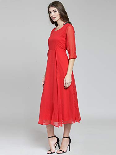 Image of Sera Women's Solid Red Polyester Fit & Flare Party Midi Dress