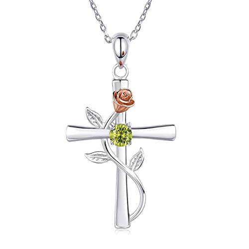 Cross Necklace for Women, 925 Sterling Silver Birthstone Necklace for Women with Rose Flower Birthstone Womens Jewelry Birthday Gifts for Wife Women
