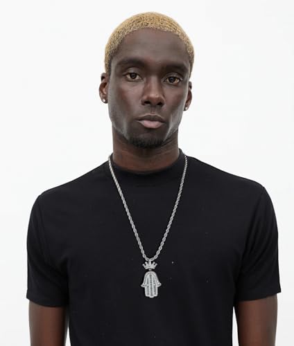Silver Hamsa Necklace for Men with - 24inch Stainless Steel Rope Chain Iced Out Pendants with Fatima Hand Fashion Hiphop Jewelry Personalized Gift