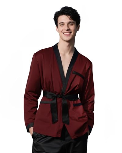 Men's Short Silk Bathrobe Satin Smoking Jacket Lightweight Single Layer Unlined Pajamas Sleepwear