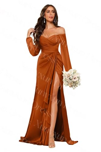 Women's Long Sleeve Bridesmaid Dresses Off The Shoulder Mermaid Ruched Satin Formal Prom Dress with Slit