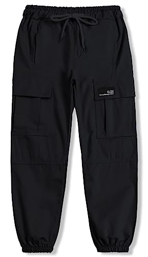 Image of Cromoncent Girls 2 Packs Cargo Pants Elastic Waist Lightweight Outdoor Jogger Pants Khaki+Black 13-14 Years