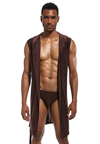 Mendove Men's Silky Sexy Sleeveless Summer Robe Hooded Bathrobe2