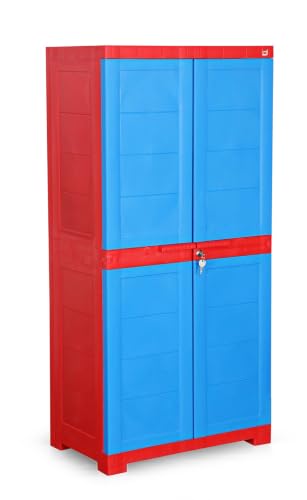 Image of Cello Novelty Big Bookshelf, Red & Blue | 2 Dustproof Doors | Space Saving Cupboard | Plastic Book Shelf | Multipurpose Book Shelf for Home, Office | Book Organizer for Library