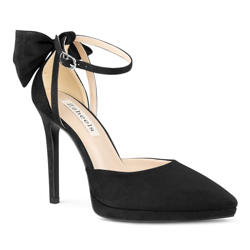 Zzheels Women's Pointed Toe Platform Stiletto Heels Bow Dress Heels Ankle Strap Pumps Black Suede US9