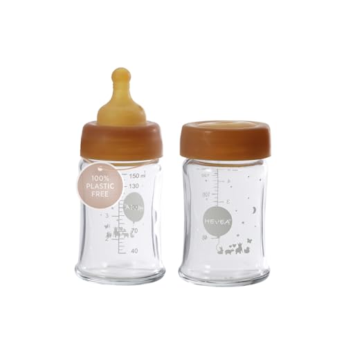 Image of HEVEA Wide Neck Glass Baby Bottles - Slow Flow Anti Colic Baby Bottles Newborn 0+ Months - Planet-Friendly, BPA-Free, Two-Pack (5 Oz)
