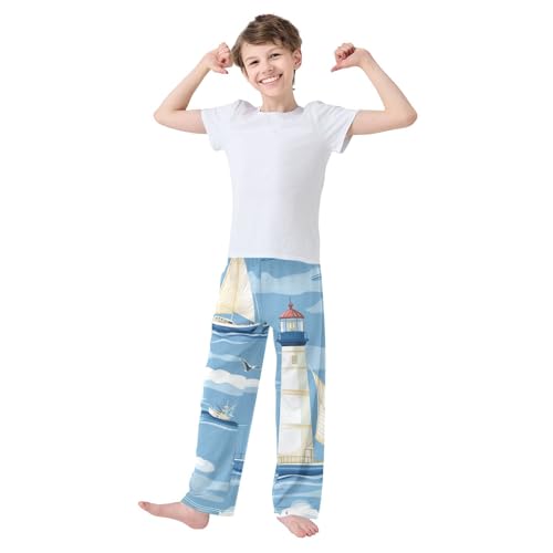 ZZXXB Sailboat with Lighthouse Boys Long Pants Soft Trousers Elastic Waist Kids Lounge Bottoms with Pockets S-XL3