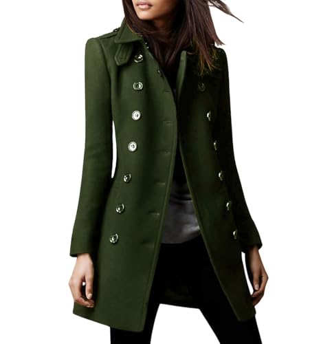 chouyatou Women's Winter Double Breasted Wool Coat Elegant Collared Wool Blend Trench Pea Coat (Medium, Army Green)