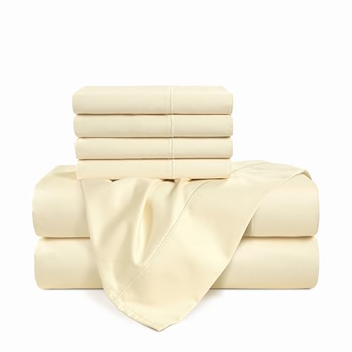 Casa Platino 100% Egyptian Cotton Sheets California King Size Set - 6 Pcs (1 Flat, 1 Fitted, 4 Pillowcases)- Ultra Smooth Sateen Weave Bed Sheets Set with 15" Deep Pockets - Ivory