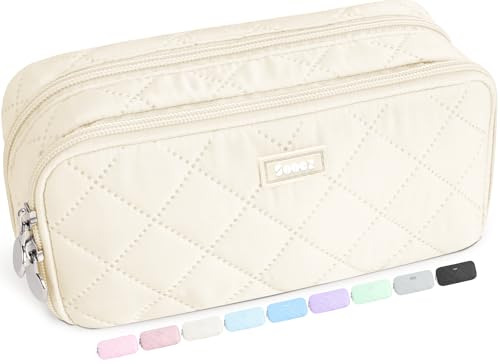 Sooez Cute Pencil Case, Aesthetic Pen Pencil Pouch, Extra Large Pencil Bag with Zipper, Special Pencil Holder Stationery Bag Marker Organizer, School Essentials Supplies for Girls Adult Teen, Beige