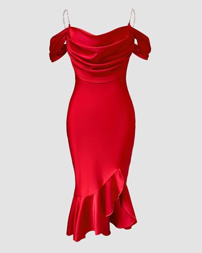 Image of CHICME Womens Sexy Bodycon Party Dress Off The Shoulder Pearls Strap Midi Dress Ruffle Hem Cocktail Dresses