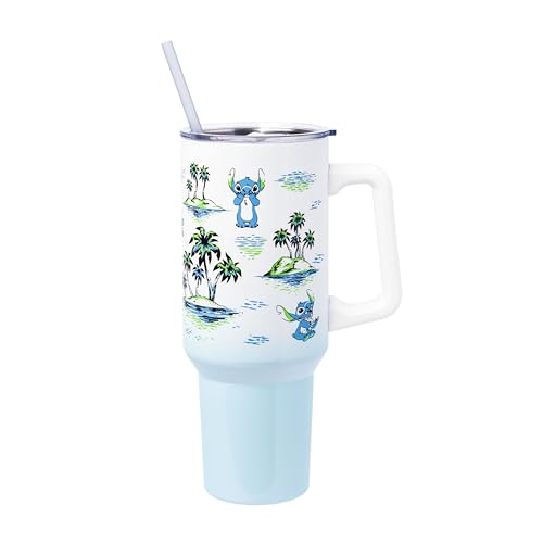 Image of Silver Buffalo Disney Lilo and Stitch Vintage Sketch Palm Trees & Flowers Double Walled Stainless Steel Tumbler with Handle and Straw, Fits in Standard Cup Holder, 40 Ounces (Pack of 12)