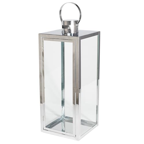 Laterne Metall Glas, dekorativer Lampion für Wohnzimmer & Outdoor – modern & elegant, in 3 Größen 38/49/63 cm & Farben Schwarz/Gold/Silber, auch als Set erhältlich (Silber, 63cm)