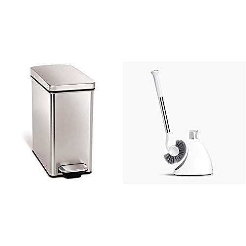 simplehuman 10 Liter / 2.6 Gallon Stainless Steel Bathroom Slim Profile Trash Can, Brushed Stainless Steel & Toilet Brush with Caddy, Stainless Steel, White