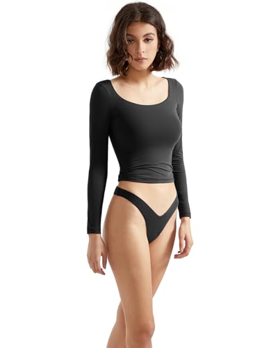 SUUKSESS Women Double Lined Fitted Basic T Shirts Scoop Neck Long Sleeve Crop Top4