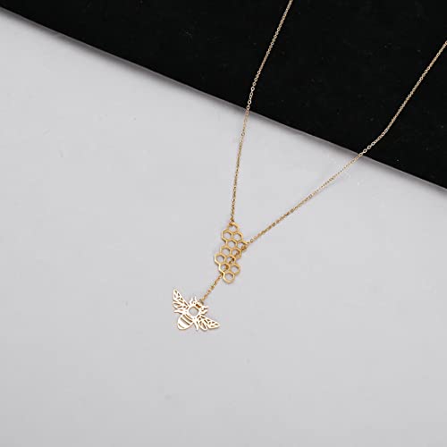 18K Gold Plated Stainless Steel Bee Honeycomb Pendant Necklace, Adjustable Y Lariat Conch/Guitar/Horseshoe Necklace for Women2