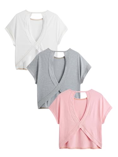 Image of RoseSeek Women's 3 Packs Open Back Tops T Shirt Criss Cross Cut Out Tee Short Sleeve Crewneck Summer Backless Tops