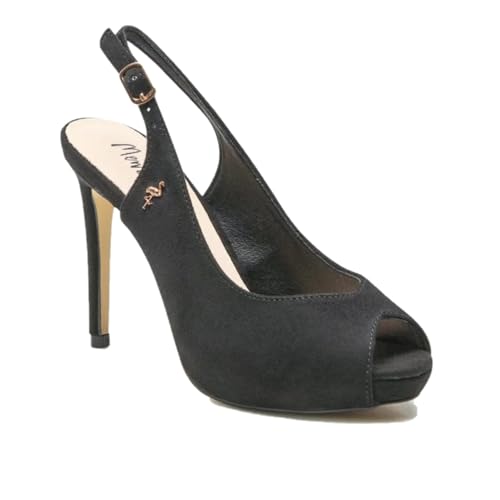 MENBUR 23114 Zapatos elegantes para mujer con tacón alto 10 cm, punta abierta, correa trasera ajustable., Negro , 35 EU