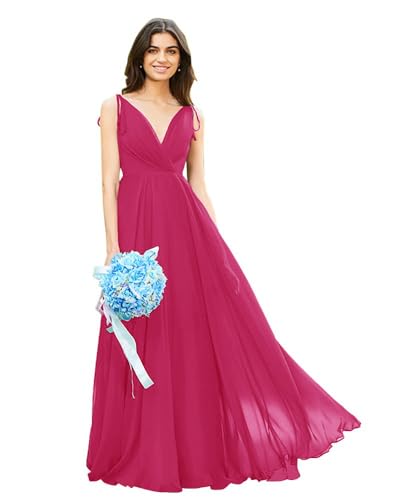 Image of HSFIYAKJ Bridesmaid Dresses Long Chiffon Formal Dress Open Back V Neck Evening Prom Gown for Women with Pockets