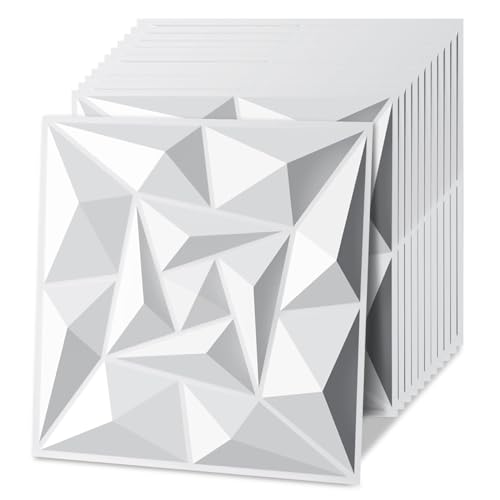 Jaxguom 3D Wandpaneele Diamant 12 Stück 30 x 30 cm (1.08m²), 3D Wall Panels Gaming Zimmer, Hochsteifes PVC Wanddeko Platten, Wasserfest, Matt weiß