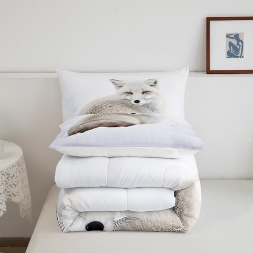 Image of Feelyou Fox Comforter Set Arctic Fox Bedding Set for Kids Boys Girls Cute Animal Comforter Wildlife Quilt Set 1 Comforter Set with 2 Pillowcases Full Size
