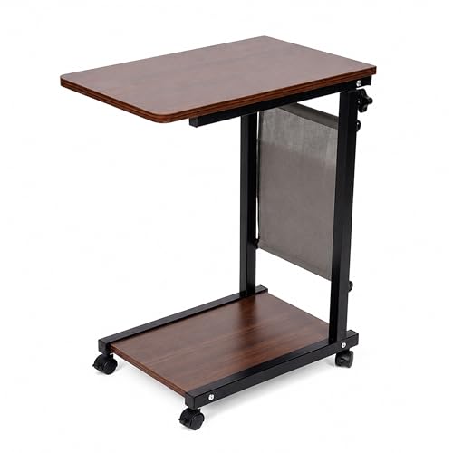 Image of ANT ESPORTS BRAVO CD500 (WALNUT) Adjustable Laptop Table with Wheels & Storage Pocket, 48x30cm Wooden Top,Height Adjustable 60-80cm Rolling Side Desk for Bed, Sofa, Study, Home Office & Work From Home