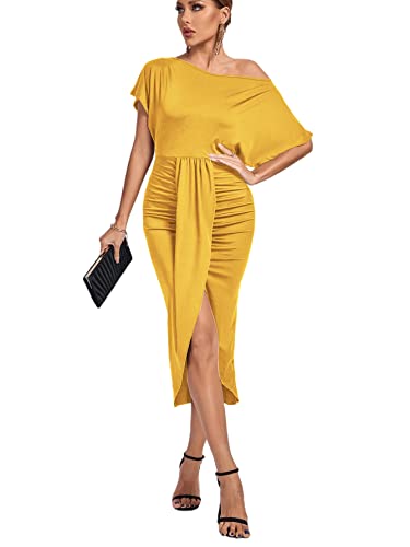 Image of LYANER Women's One Off The Shoulder Ruched Wrap Front Split Hem Draped Party Midi Dress