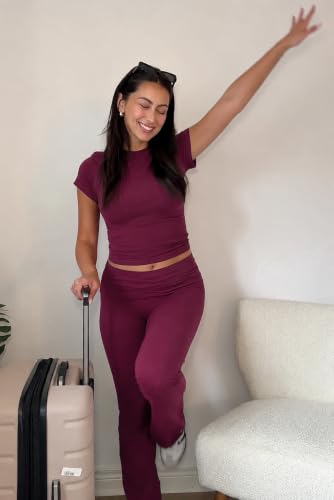 Image of AYWA Women's 2 Piece Lounge Sets Short Sleeve Crop Top Foldover Flare Pants Casual Pajama Outfits