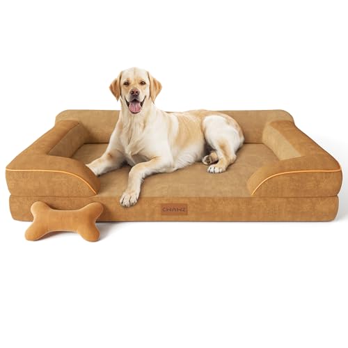 Image of CWAWZ Jumbo Dog Bed for Extra Large Dogs, Orthopedic Dog Bed with Cooling Gel Memory Foam, Waterproof Dog Bed with Removable Washable Cover, 45 inch Dog Sofa Couch Dutch Velvet with Bone Toy, Brown