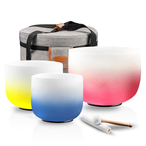 8-12 Inch Set of 3 Gradient Design Quartz Crystal Singing Bowl Chakra Set with Free Carrying Case and Suede Sticker & O-ring