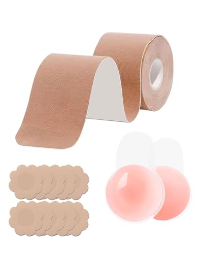 Aimuyan Boob Tape Breast Lift Tape for Large Breasts 2 Pcs Silicone Breast Reusable Adhesive Bra Bob Tape for A-G Cup (Beige 2inch*16.4ft)