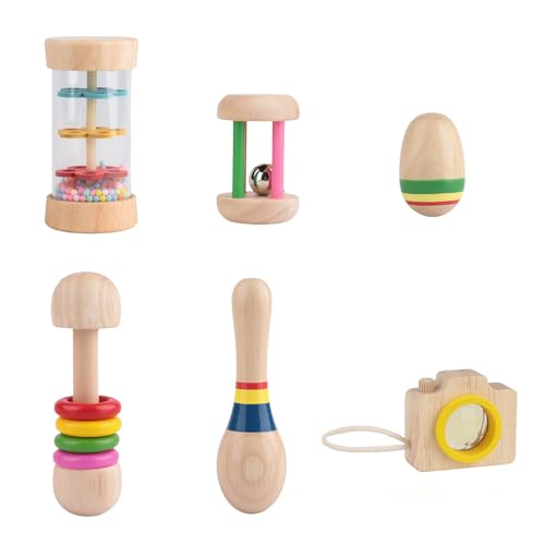 6pcs Montessori Holz Baby Rassel - Musik Holz Spielzeug, Montessori...